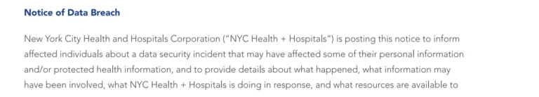 Notice of Data Breach NYC Health + Hospitals