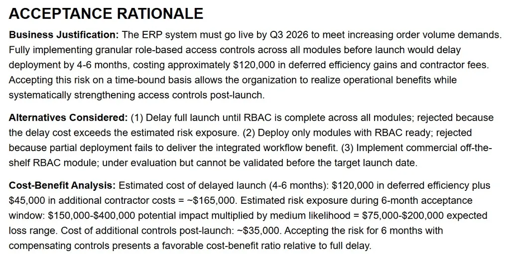 Acceptance Rationale Example Screenshot