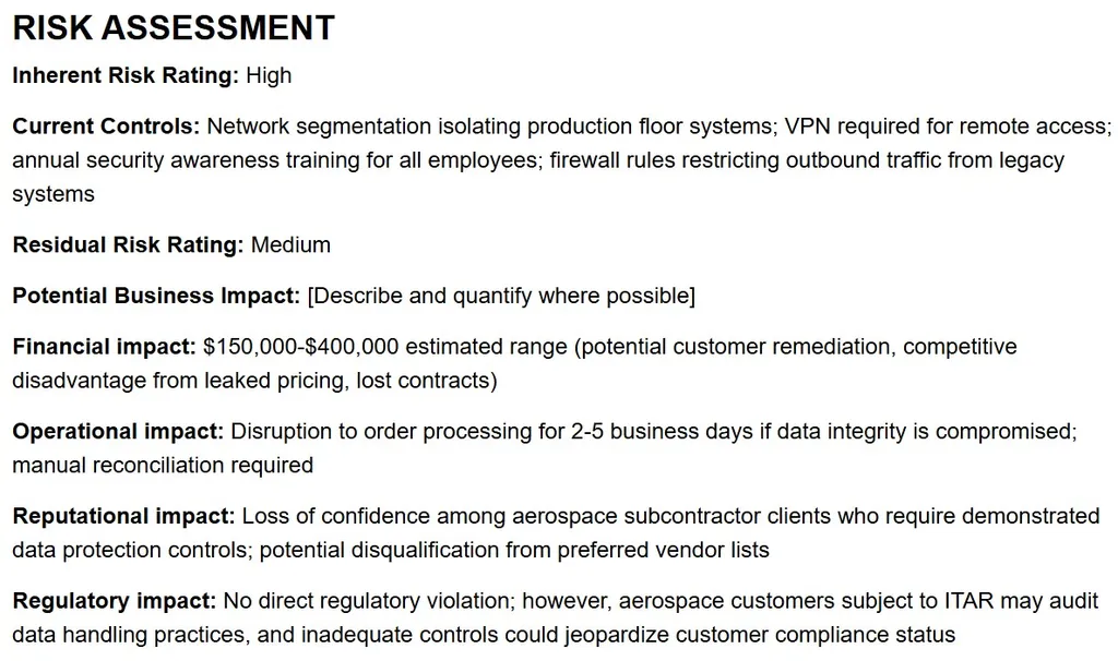 Risk Assessment Example Screenshot