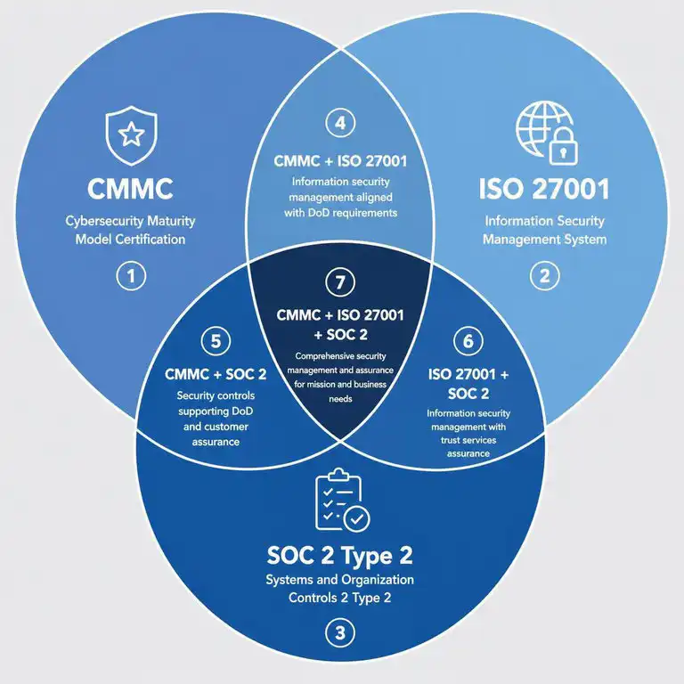 Venn diagram comparison of CMMC, ISO27001, and SOC2